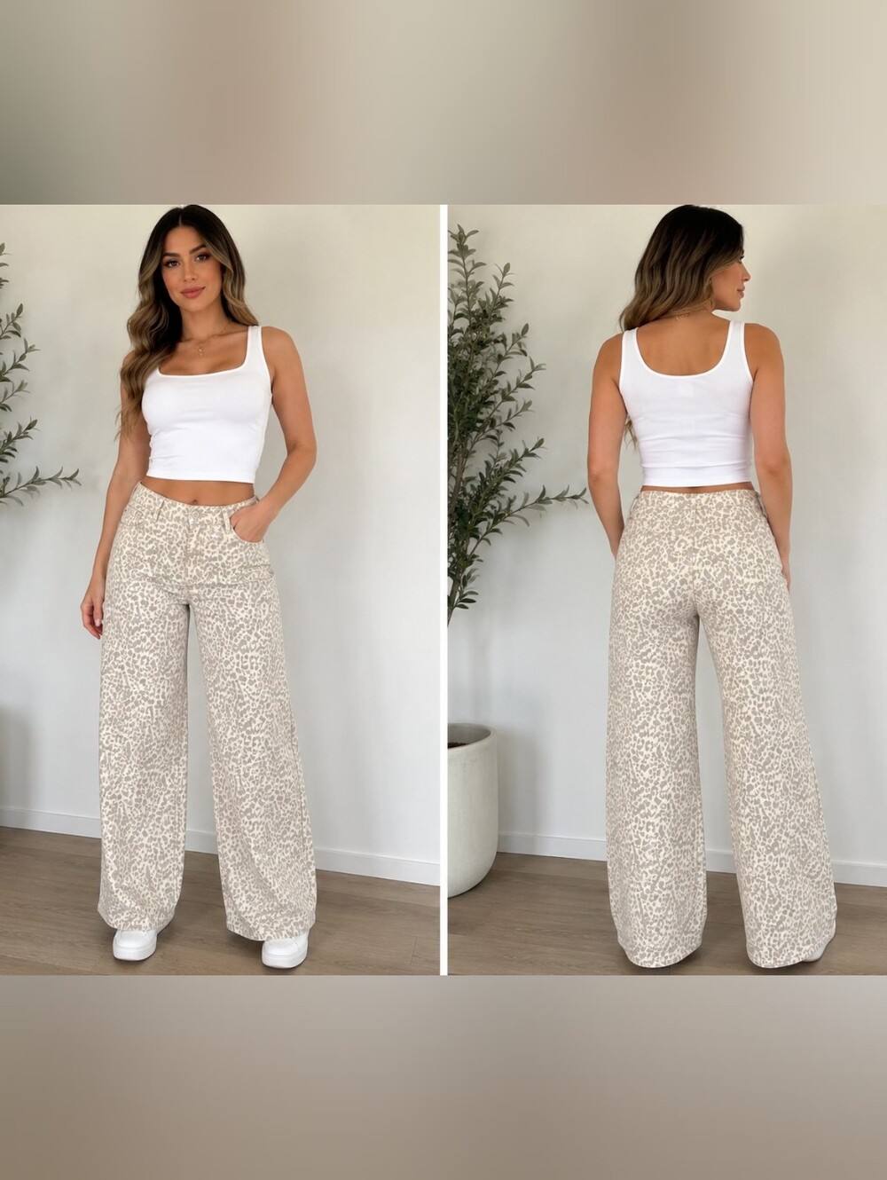 Oneso Leopard Print Wide Leg Jeans Size 26 Cream Gray Stretch Denim NWOT